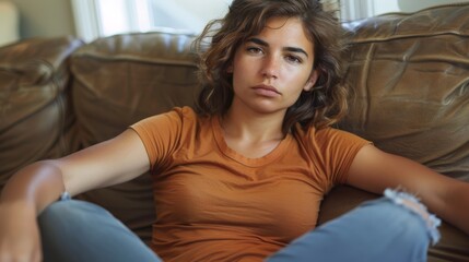 Obraz premium Woman seated on couch, hands on knees, gaze fixed on camera with serious expression