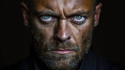  A tight shot of a bearded man with blue eyes gazing intently into the camera, conveying a grave expression