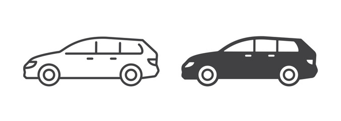 Wagon car icons in line and solid styles, flat vector pictograms. Black and white representations ideal for family travel and utility.