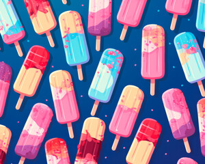 Pattern of colorful popsicle ice cream on blue background. Illustration.
