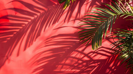 Aesthetic background with palm leaf and shadows on red wall. Summer concept. Banner for product presentation