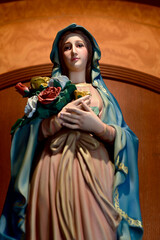 Closeup of Beautiful Statue of Our lady of grace virgin Mary in the church, Thailand. selective focus.
