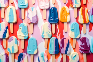 Pattern of colorful popsicle ice cream on colored background. Illustration. Art background.