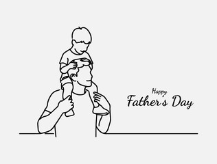 Fathers Day vector backdrop, web banner, or poster featuring a dad carrying a child on his shoulders in a single continuous line drawing, accompanied by the words Fathers Day and a heart.