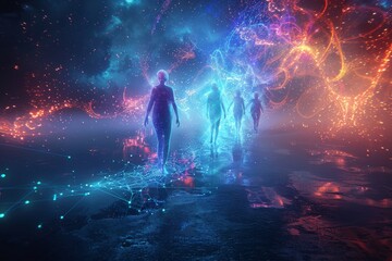 Humans linked by ethereal, luminous threads representing connectivity and communication, AI generated