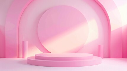 This is a 3D rendering of a pink podium with a large pink circle as the background. There is a soft white light shining from the top right.

