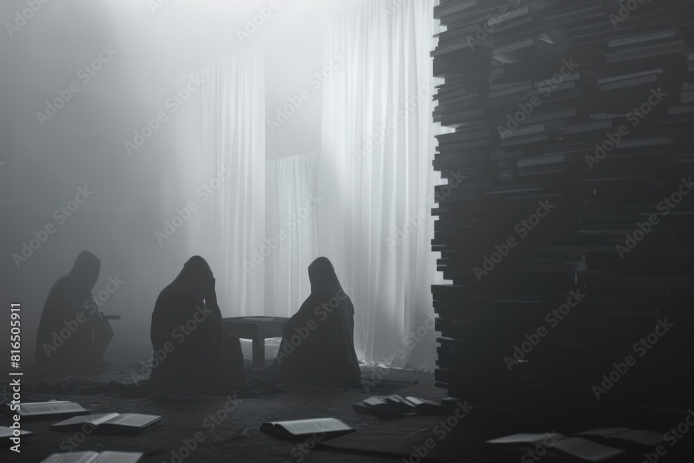 Poster a group of people sitting around a table in a foggy room. suitable for business meeting concepts
