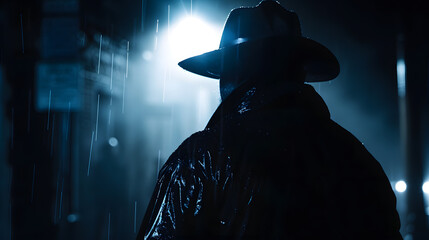 dark silhouette of a man in a raincoat with a hat at night on the street in a crime Noir style :...