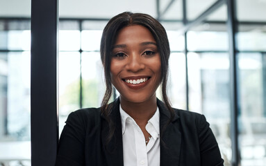 Portrait, female ceo or smile in office for success, profile picture or confidence in workplace. Black businesswoman, happy or leader in corporate workplace for vision, executive or formal in Nigeria