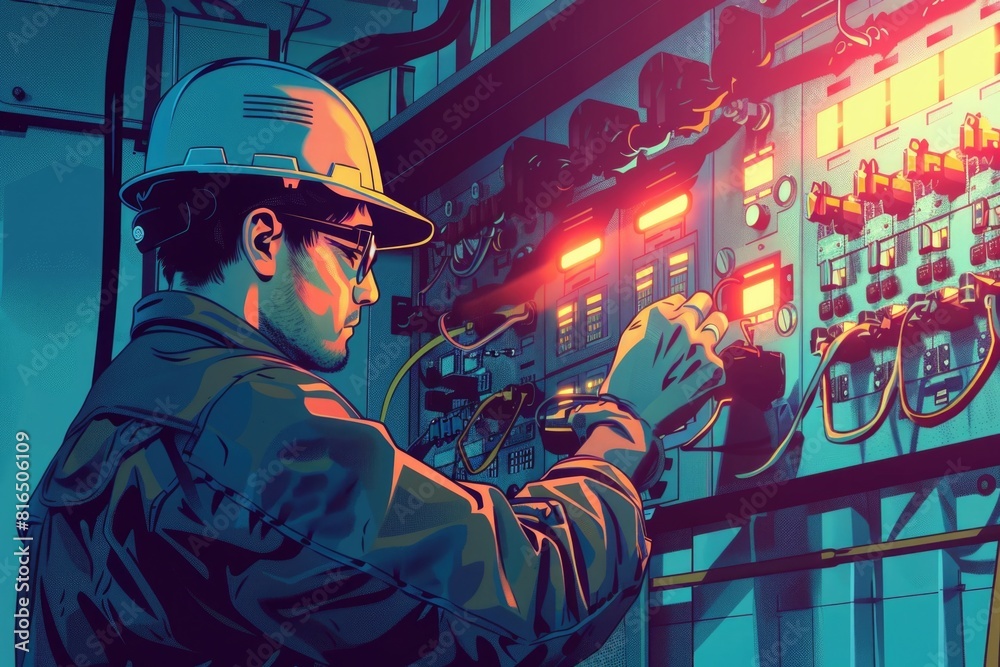 Poster a man in a hard hat working on a machine. suitable for industrial and construction themes
