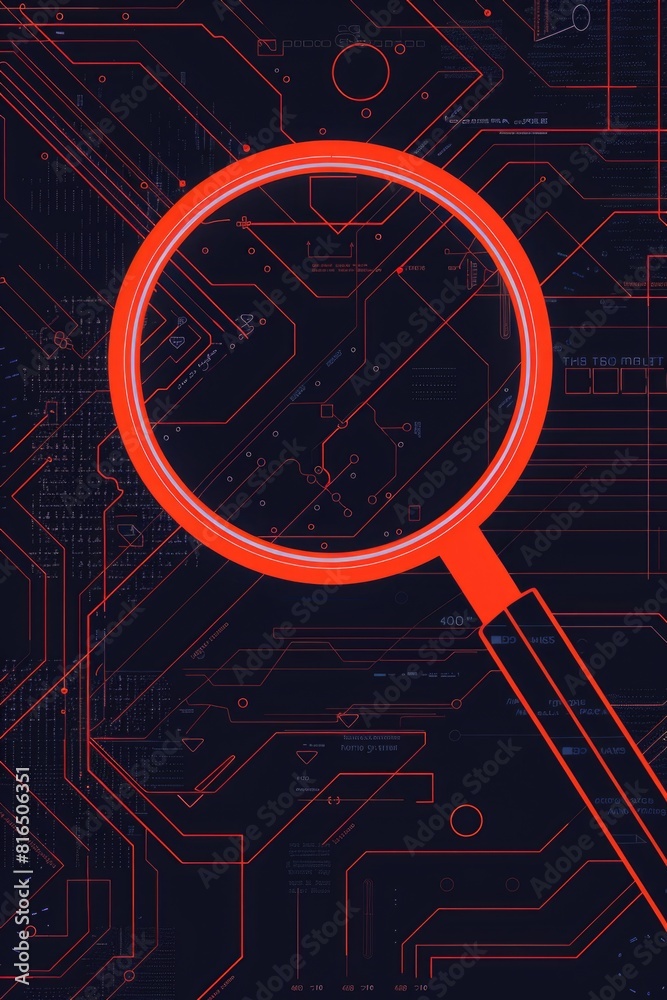 Aufkleber Close-up view of a magnifying glass on a circuit board. Suitable for technology concepts