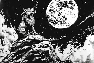 A black and white drawing of a wolf sitting on a rock with the moon in the background. Suitable for nature and wildlife themes