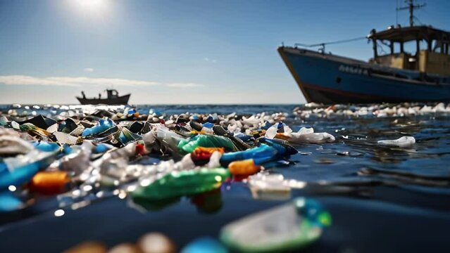 Plastic waste floating in the ocean with a blurred fishing boat and blue sky in the background.