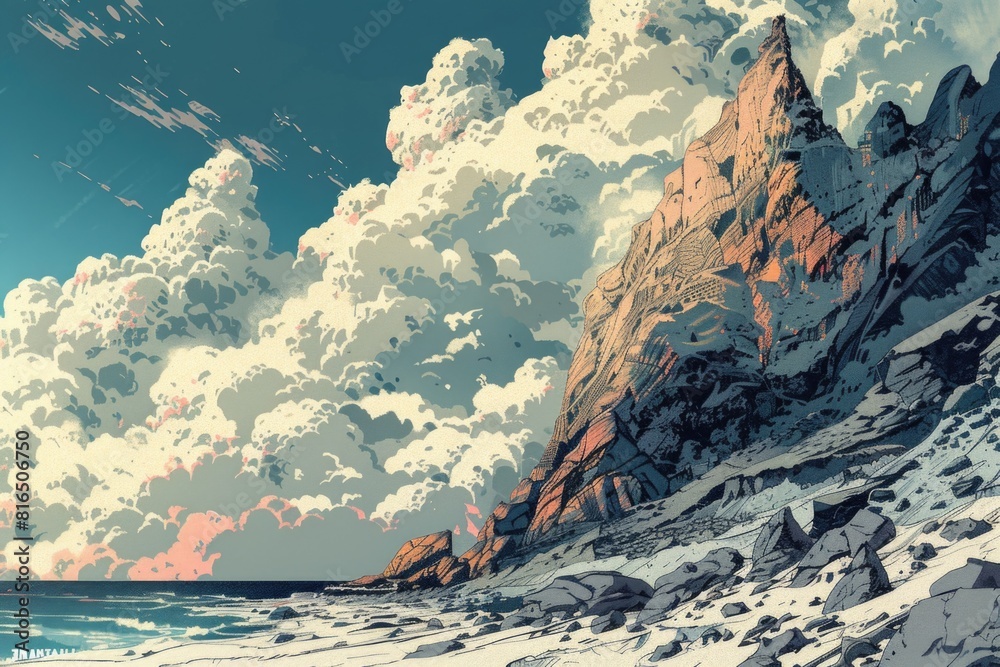 Poster scenic view of a rocky beach with a majestic mountain in the background. suitable for travel and nat