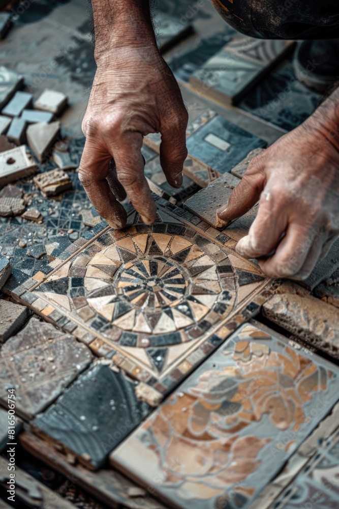 Poster a man working on a mosaic tile, suitable for construction projects