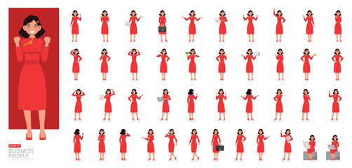 Big Set of businesswoman wear red dress character vector design. Chinese woman working in office planning, thinking and economic analysis illustration. Presentation in various action.