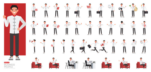 Fototapeta premium Big Set of Chinese businessman wear white shirt character vector design. Chinese people working in office planning, thinking and economic analysis. Presentation in various action.