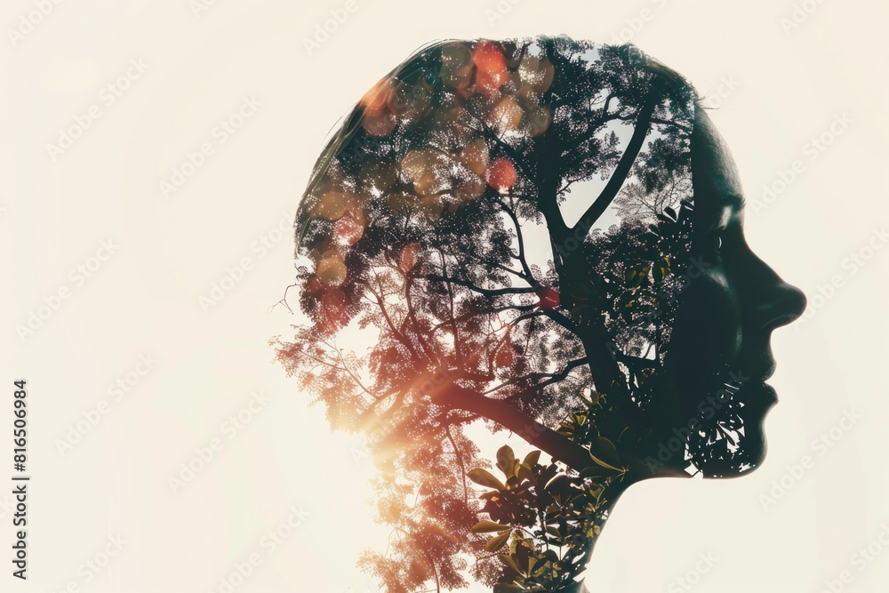 Poster double exposure of woman's face and trees, versatile image for various projects