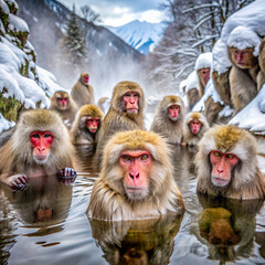 A troop of Japanese macaques, also known as snow monkeys, soaking in a natural hot spring surrounded by snow-covered trees and mountains in Japan