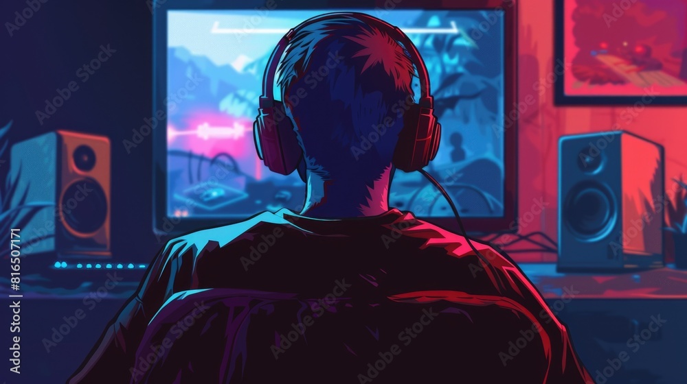 Poster A person sitting in front of a computer with headphones on. Suitable for technology and work concepts