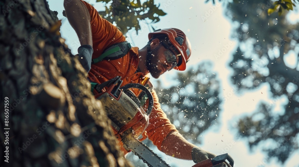 Poster man using chainsaw to cut down tree. suitable for forestry industry concept