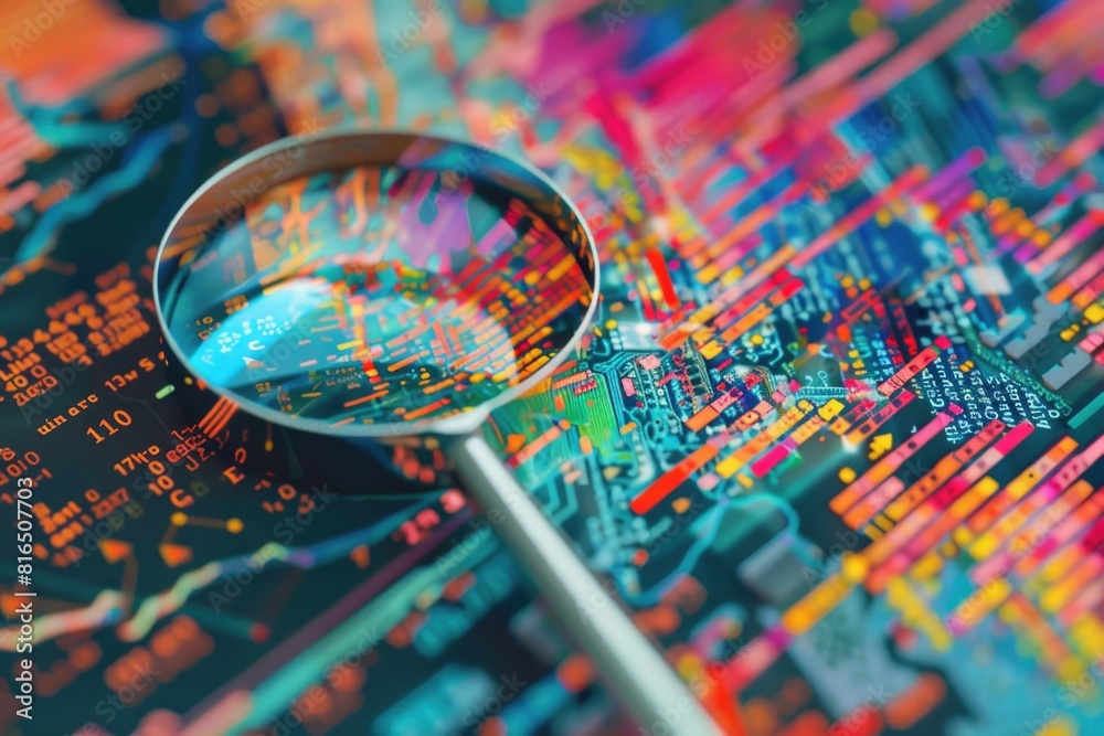 Poster close-up of a magnifying glass on a circuit board, suitable for technology concepts