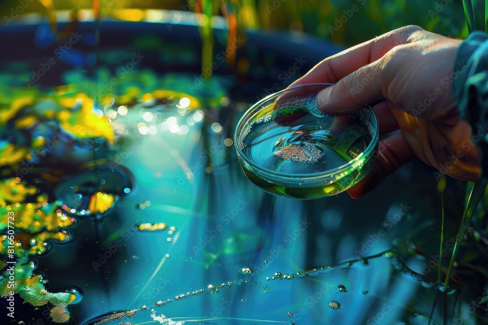 Aufkleber a person inspecting a pond with a magnifying glass. suitable for science and nature concepts