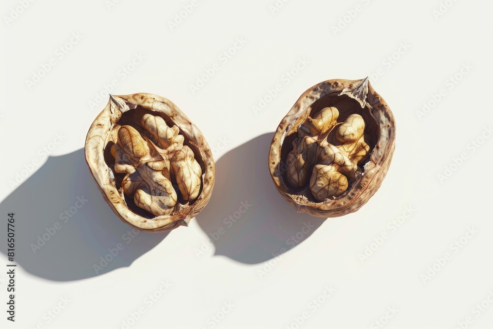 Wall mural Two walnuts with a shadow on a white surface. Suitable for food and nutrition concepts