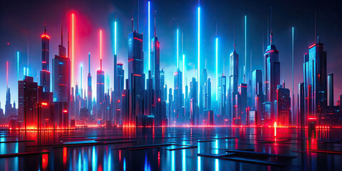 Abstract digital art featuring red and blue glowing elements on a neon background, reminiscent of a modern city skyline at night.