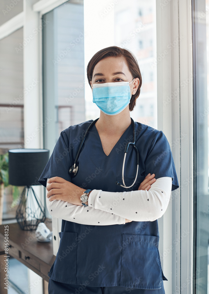 Canvas Prints Face cover, woman and doctor with arms crossed, medical and healthcare with career ambition in clinic. Person, protect or professional with portrait, proud or confidence with virus, safety or uniform