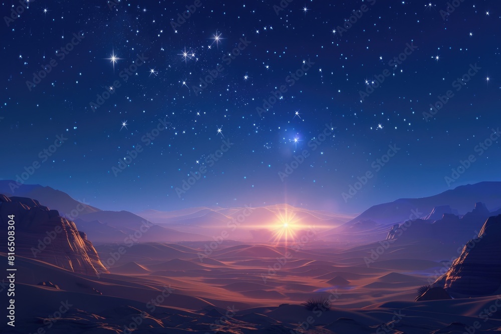 Poster a breathtaking view of a desert with a shining star in the sky. perfect for celestial and nature-the