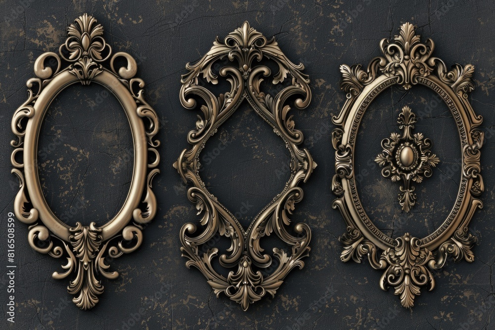 Poster elegant set of three gold frames hanging on a wall. perfect for interior design projects
