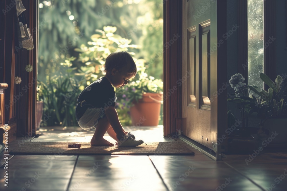 Poster a small child playing with a toy on the floor. suitable for educational materials