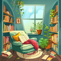 Bookworms dream nook flat design front view ultimate reading space theme cartoon drawing Colored pastel