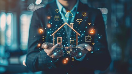 With enthusiasm for technological advancements, a businessman holds a home model surrounded by smart home automation icons, highlighting the interconnectedness of IoT devices. 