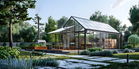 A glass house with a large window, Modern Greenhouse Design with Glass Walls and Planting Stations