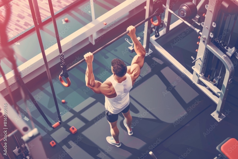Poster a man performing a pull up exercise in a gym. ideal for fitness and workout concepts