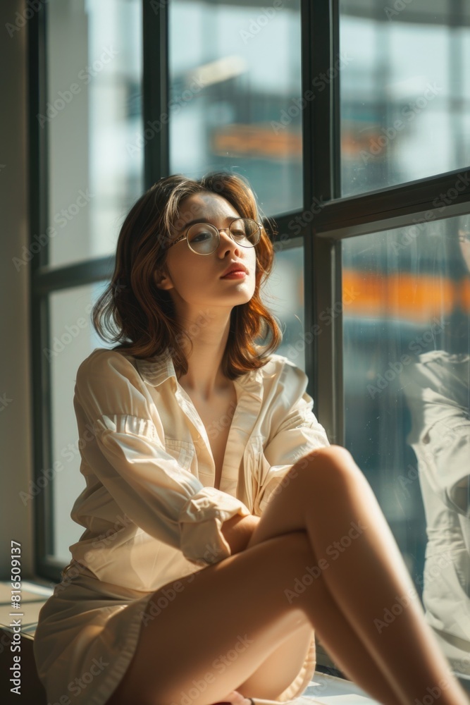 Poster a woman sitting on a window sill looking out the window. suitable for various interior design and li
