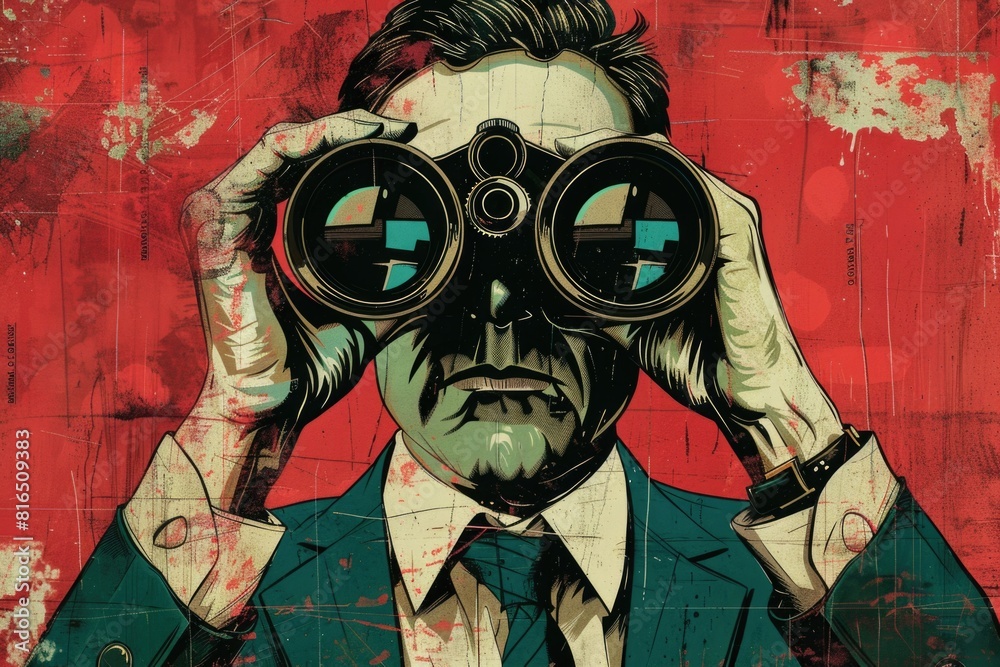 Poster a man in a suit and tie looking through a pair of binoculars. suitable for business and surveillance