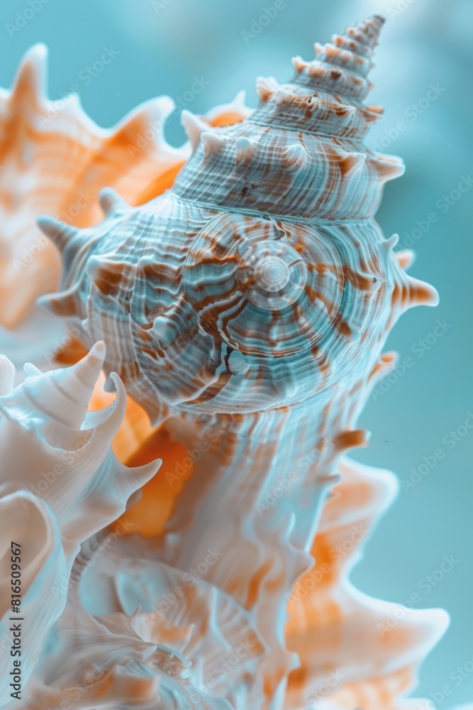 Poster a detailed view of a sea shell on a table. ideal for nature and beach themed designs