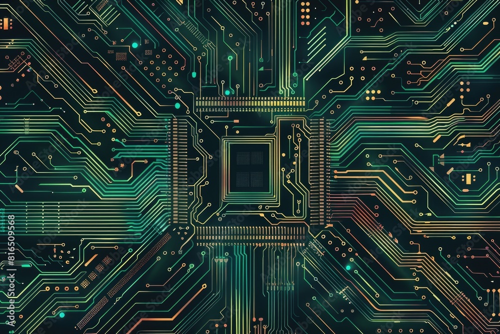 Poster Computer circuit board with various electronic components. Suitable for technology and innovation concepts