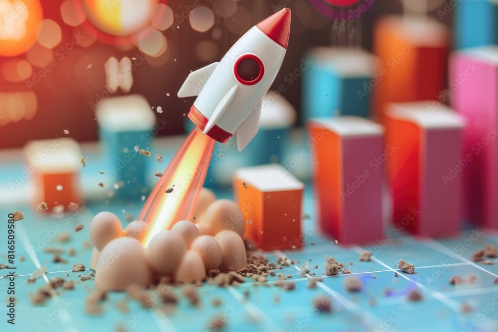 Poster a toy rocket soaring through the sky, suitable for various design projects