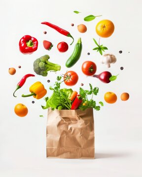 vegetables and fruits flying out the brown paper bag. on solid white background.