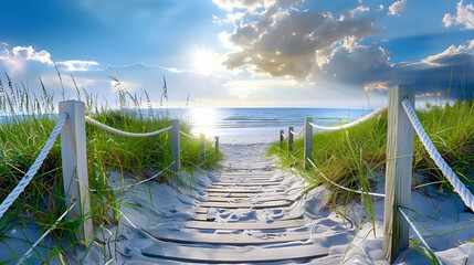 Beautiful path leading to the beach, white rope and wood fence with green grass on both sides, blue sky and sun rays shining. Summer holiday concept - Powered by Adobe
