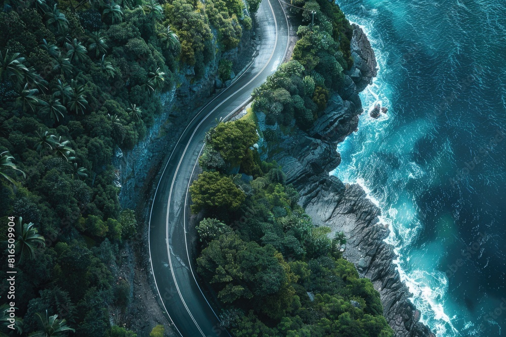 Poster aerial view of a winding road next to the ocean, suitable for travel and nature concepts