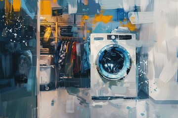A painting of a washing machine in a room. Suitable for home improvement projects