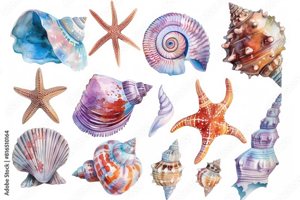 Poster assorted seashells and starfish on a clean white backdrop. perfect for beach-themed designs