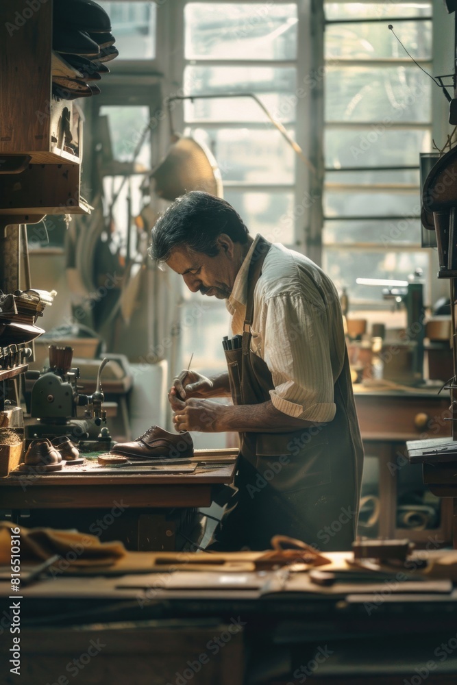 Poster a man is seen working on a piece of wood in a workshop. ideal for woodworking or craftsmanship proje