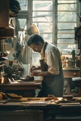 A man is seen working on a piece of wood in a workshop. Ideal for woodworking or craftsmanship projects