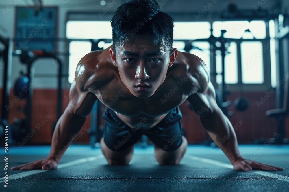 Poster a man exercising by doing push ups in a gym. suitable for fitness and health related content